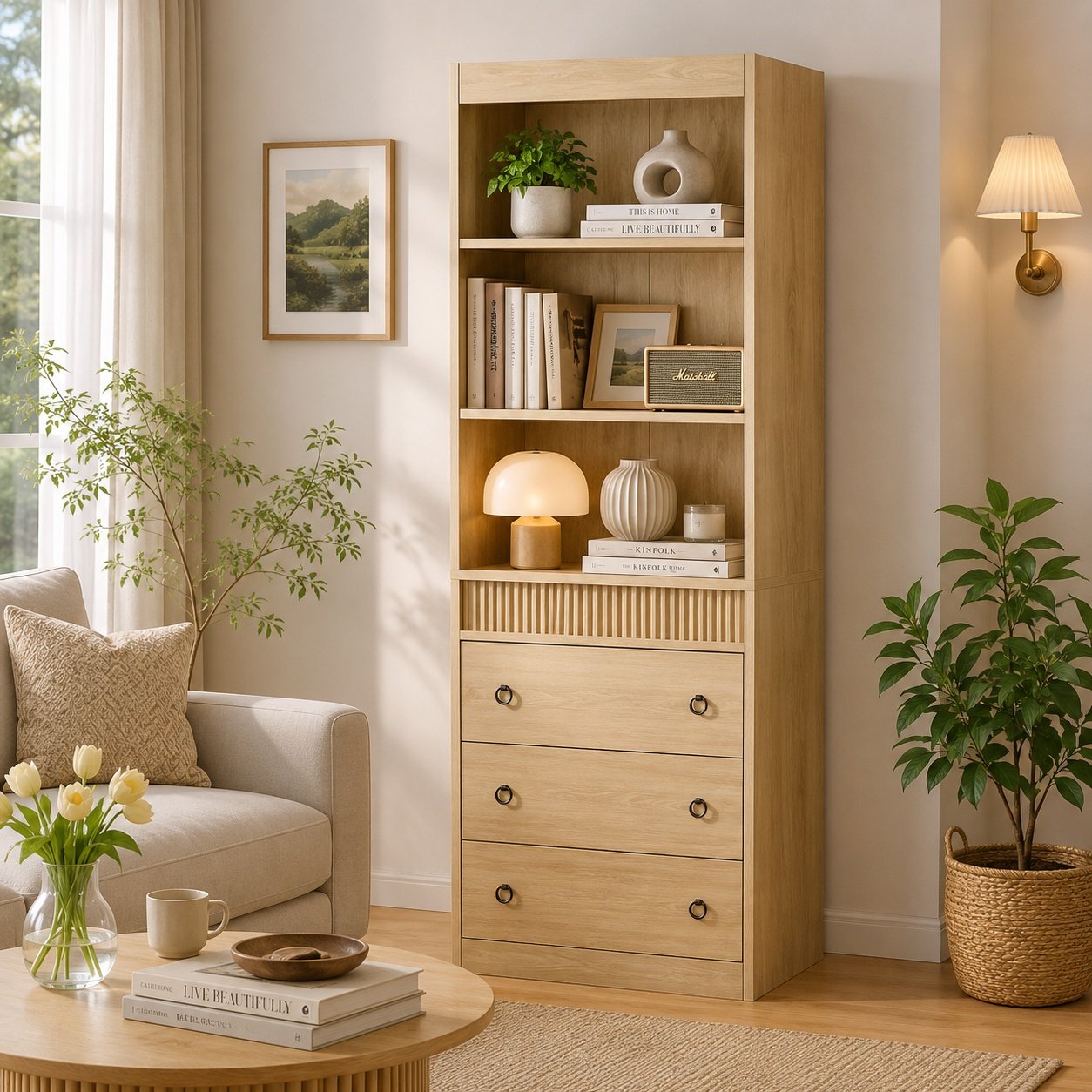 Fenzo Furniture Scandinavian 6 Tier Tall Vertical Fluted Bookcase with 3 Drawers