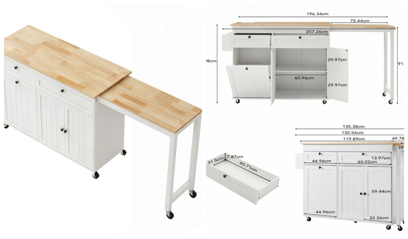 Modern Freestanding Moveable Kitchen Island on Wheels with Extendable Dining Table - detail & dimensions