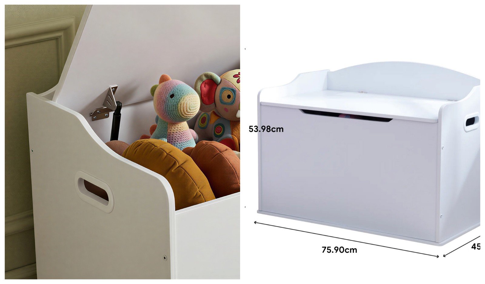 White Rectangular Kid's Wood Toy Box - detail & dimensions