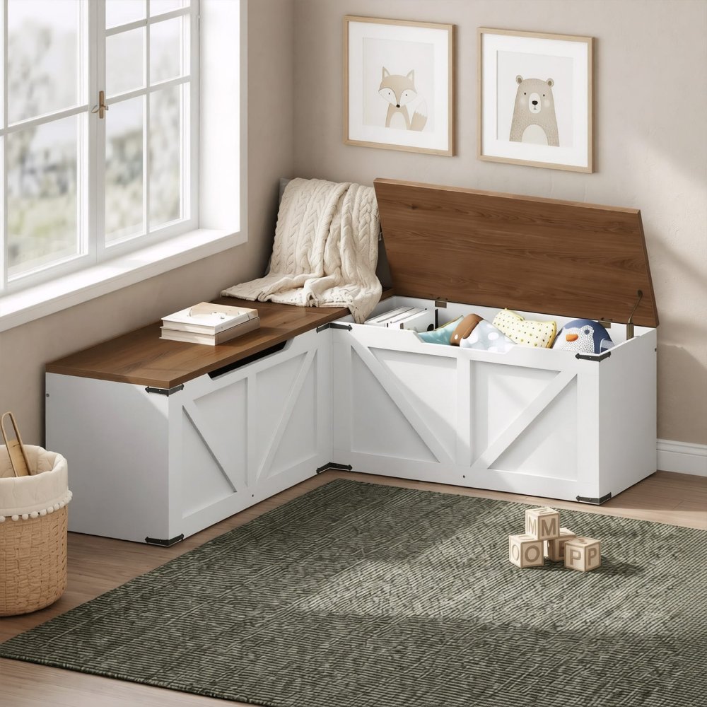 Wood Farmhouse L-Shaped Corner Storage Bench with Hidden Compartments