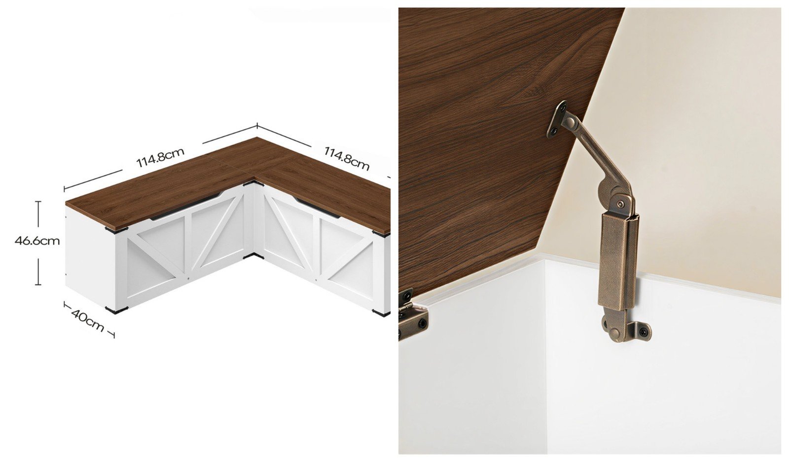 Wood farmhouse l-shaped corner storage bench with hidden compartments - detail & dimensions