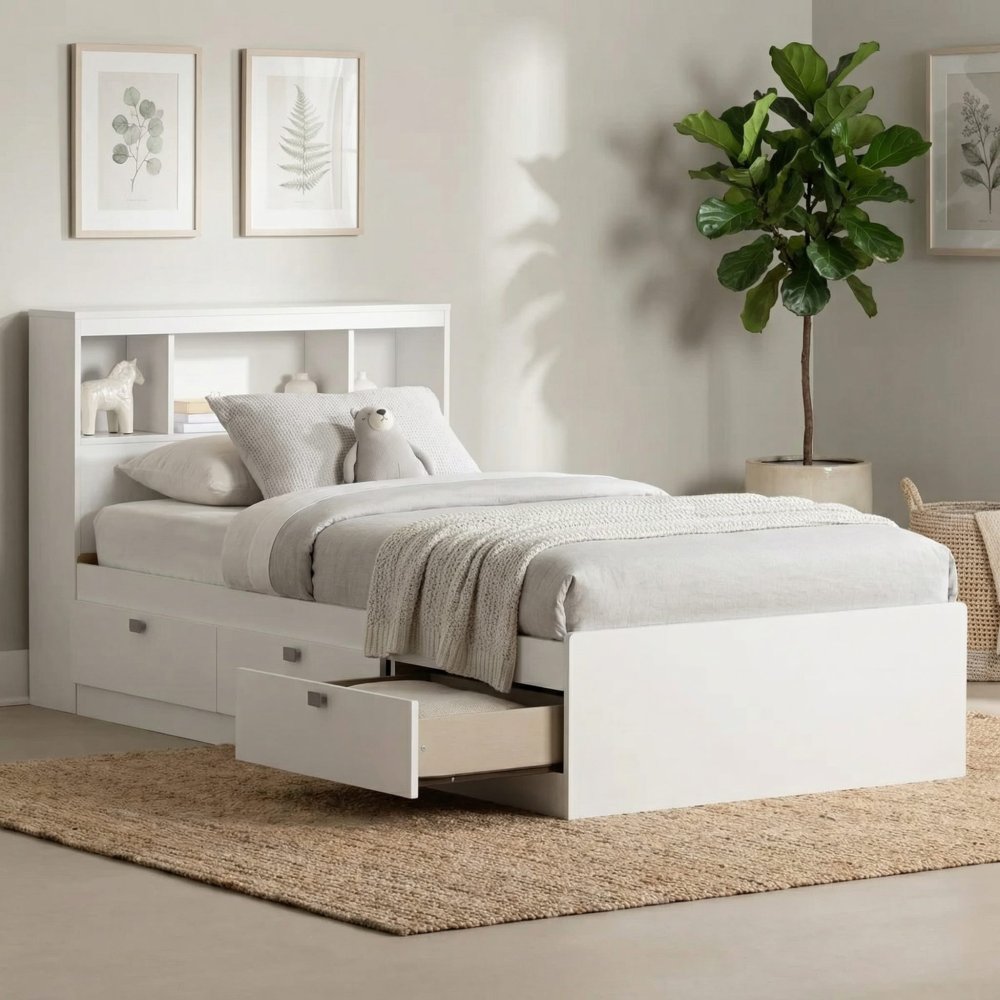 Contemporary Twin Storage Bed With Drawers, Slats and Bookcase Headboard Set
