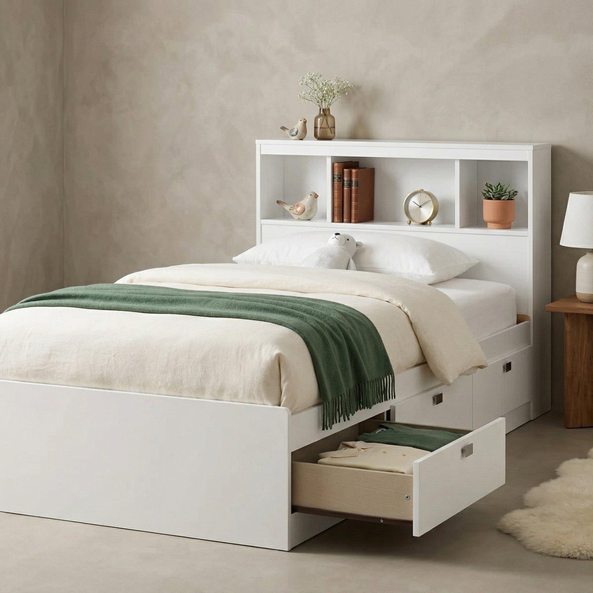 Contemporary Twin Storage Bed With Drawers, Slats and Bookcase Headboard Set - picture 3