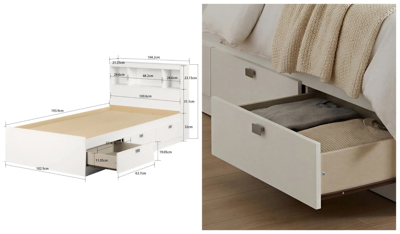 Contemporary Twin Storage Bed With Drawers, Slats and Bookcase Headboard Set - detail & dimensions