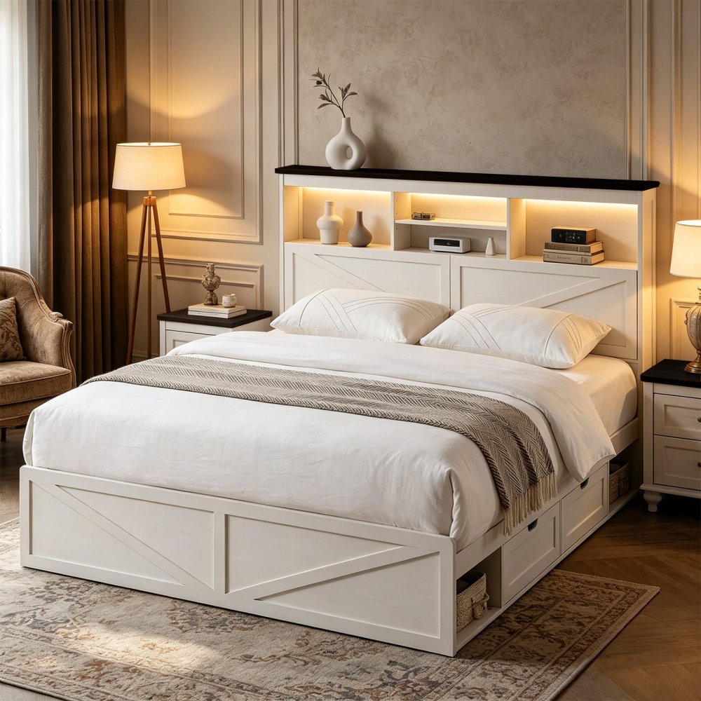 Farmhouse King Size Platform Bed Frame with Storage Headboard and LED Light