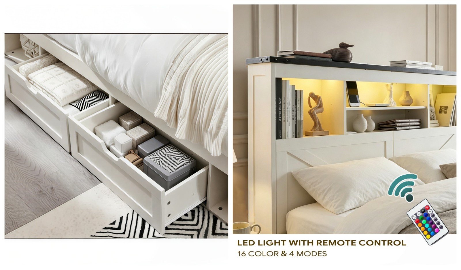 Farmhouse King Size Platform Bed Frame with Storage Headboard and LED Light - detail & dimensions