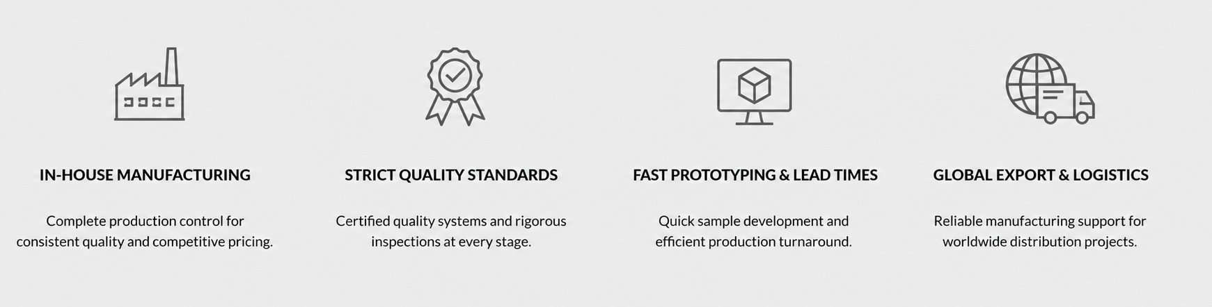 Fenzo Furniture in-house manufacturing, strict quality standards, fast prototyping & lead times, global export & logistics