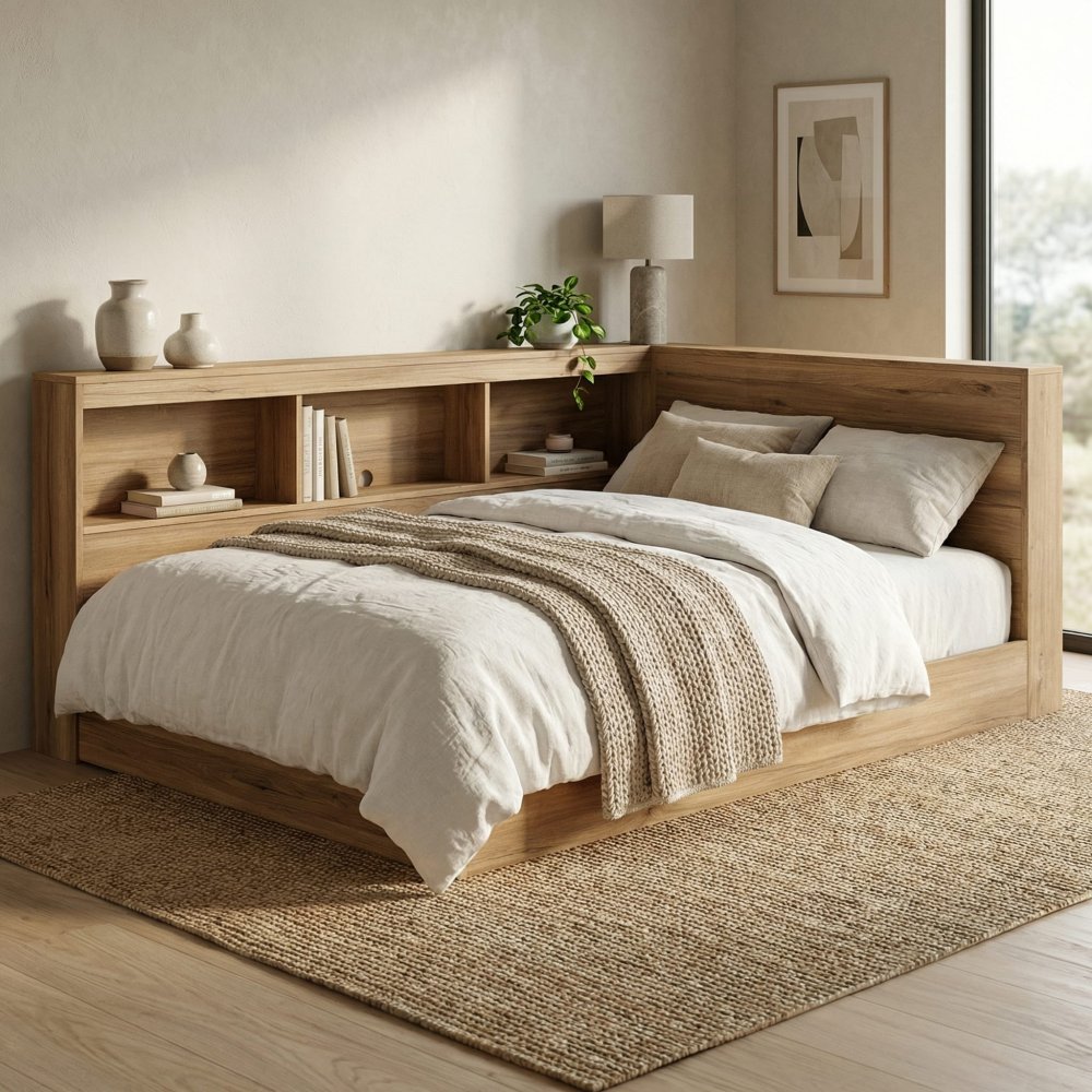 Natural Wooden Full  Bookcase Storage Bed