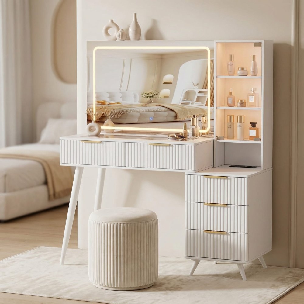 Contemporary White Fluted Glass Top Vanity Desk with Mirror And Lights