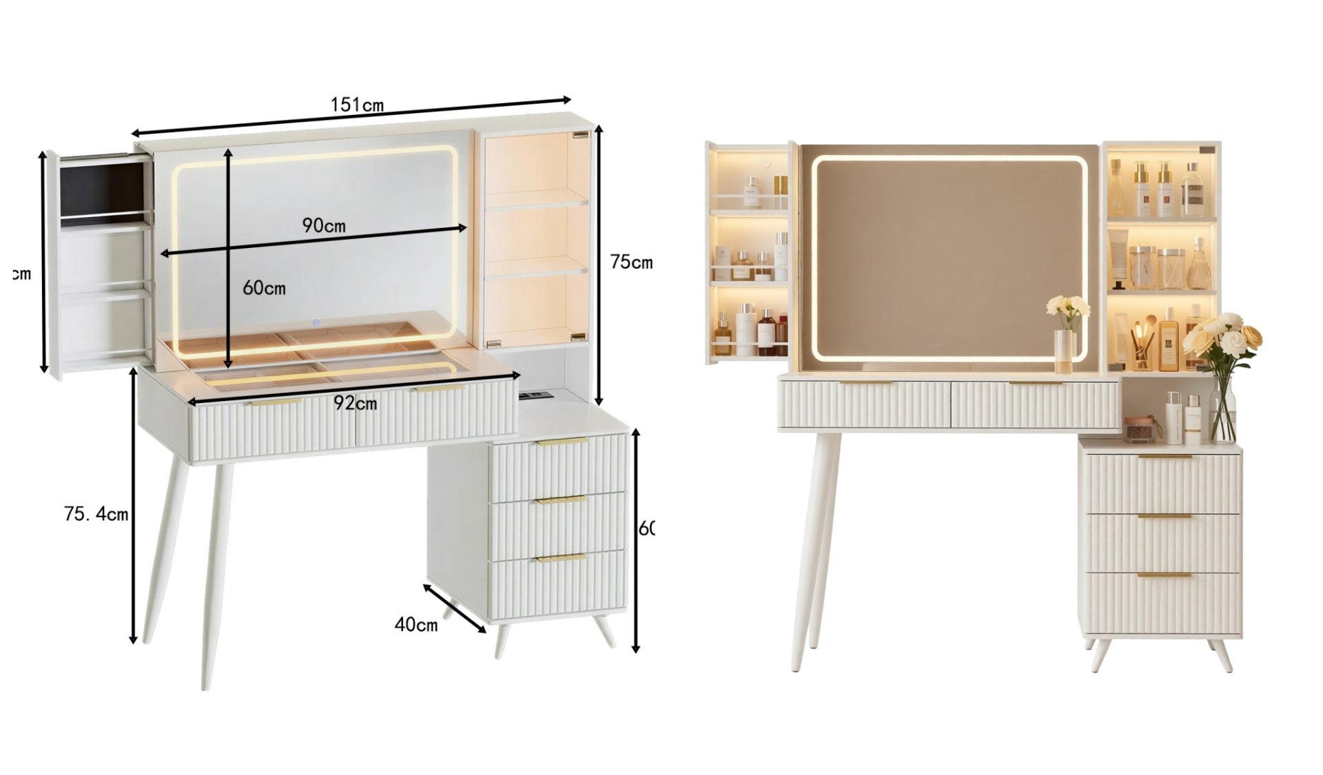 Contemporary White Fluted Glass Top Vanity Desk with Mirror And Lights - detail & dimensions