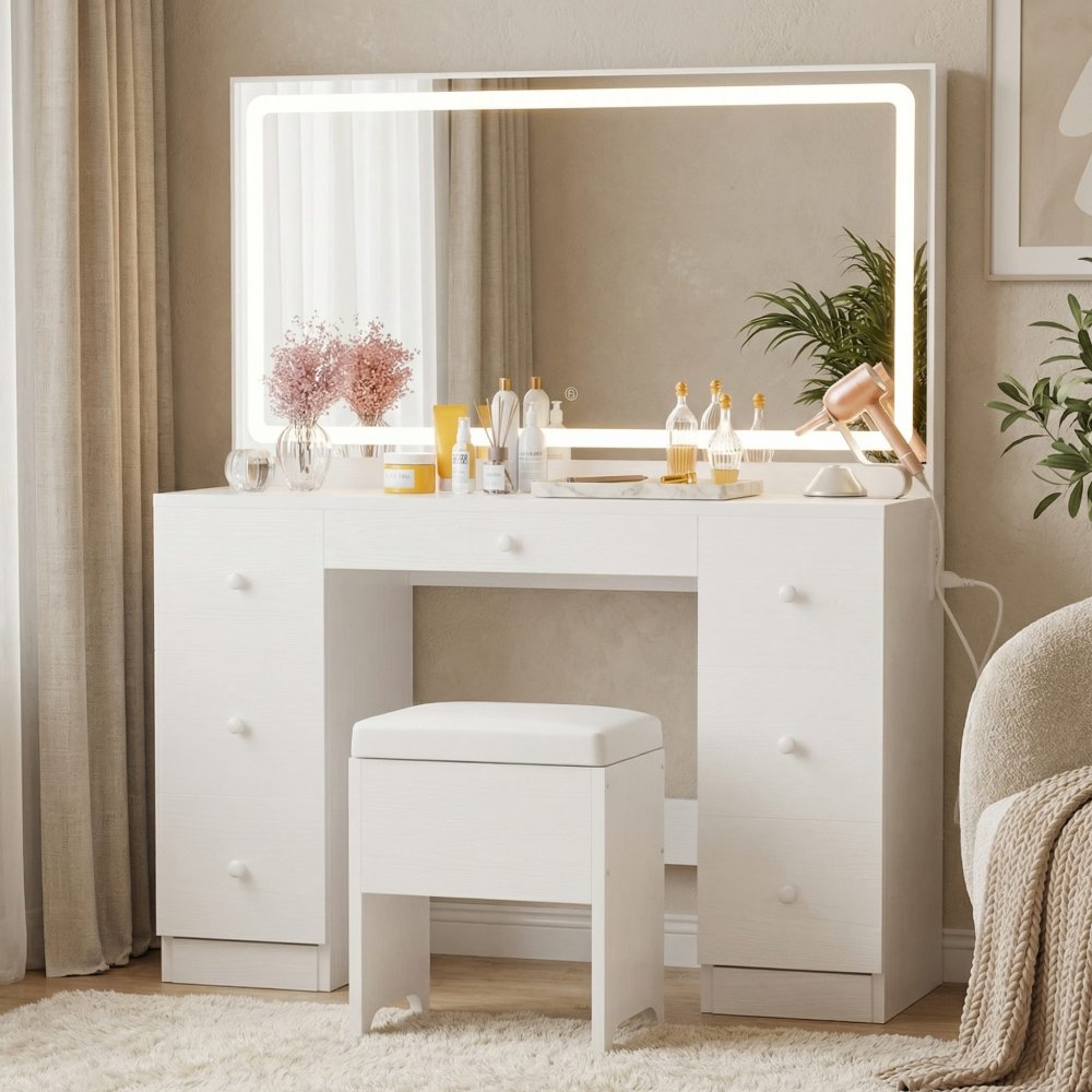 Large Mirror Makeup Vanity Desk with Drawers, Power Outlet & LED Lights