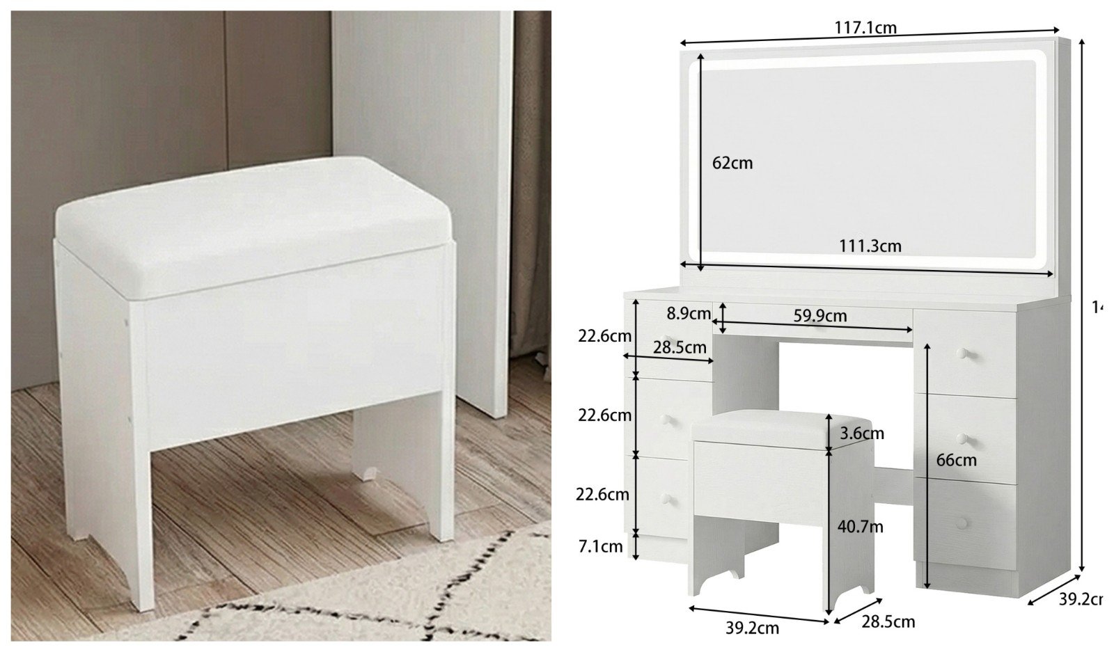 Large Mirror Makeup Vanity Desk with Drawers, Power Outlet & LED Lights - detail & dimensions
