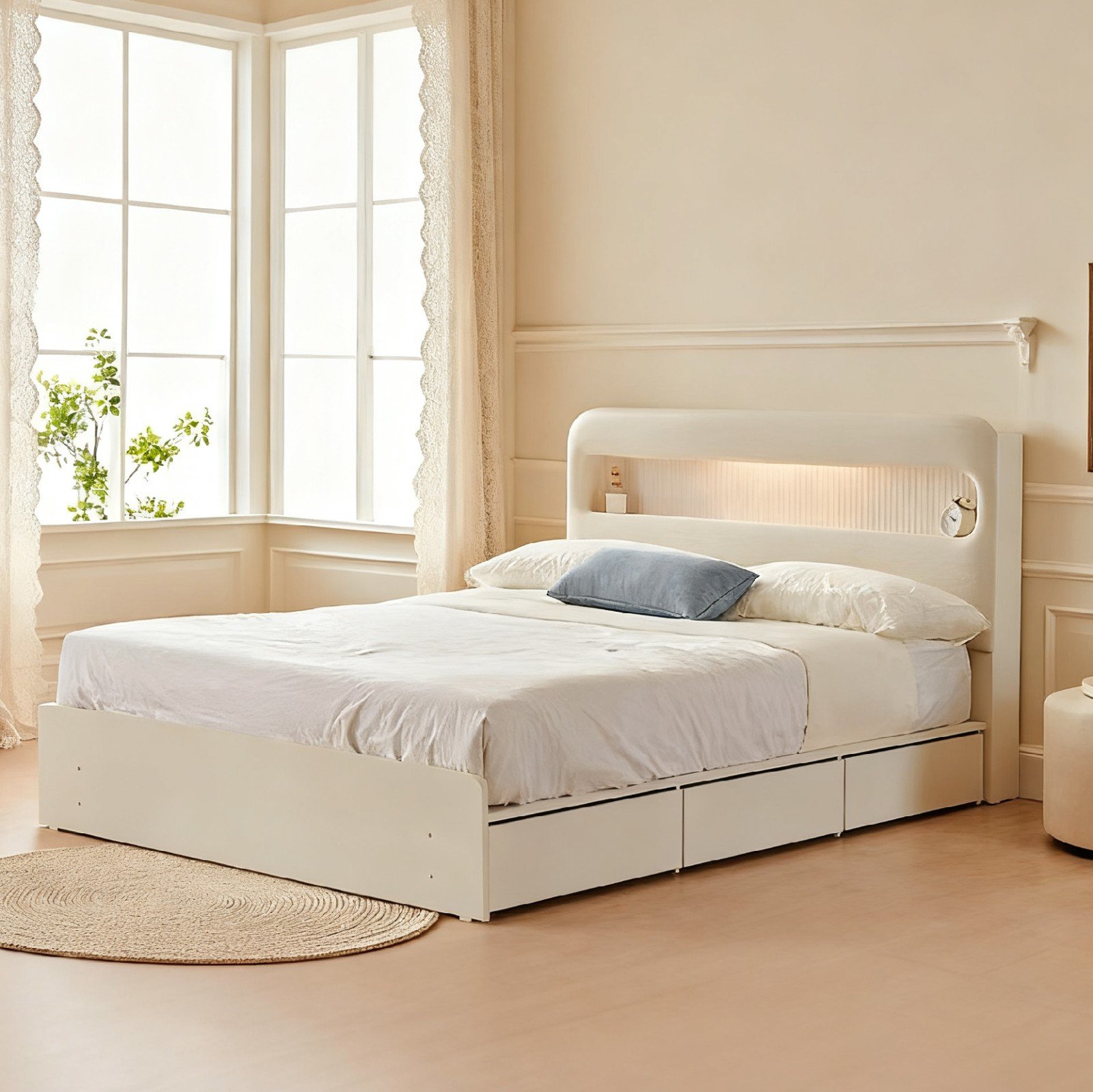 Modern KD Headboard Hollow LED Storage Bed with 3 Drawers & Headboard Niche