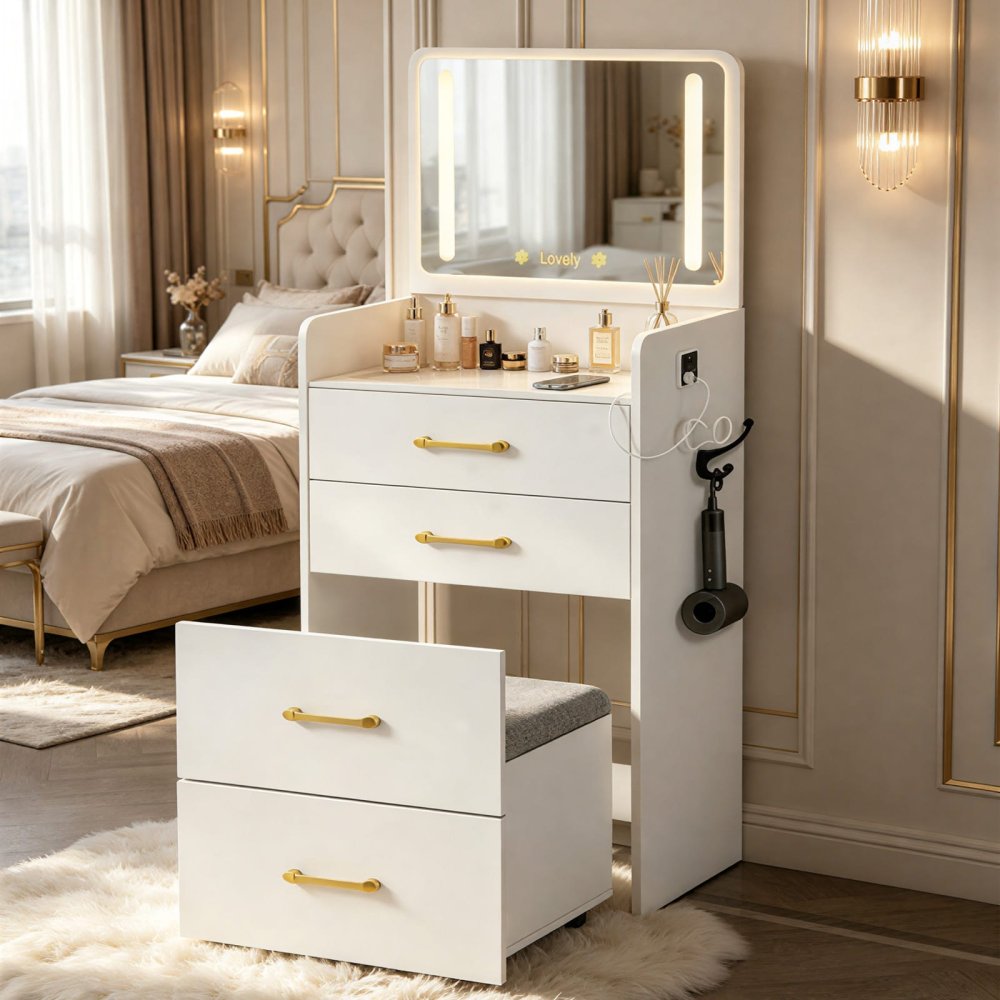 Small 3 in 1 Storage Makeup Vanity Set with Plip Top Mirror