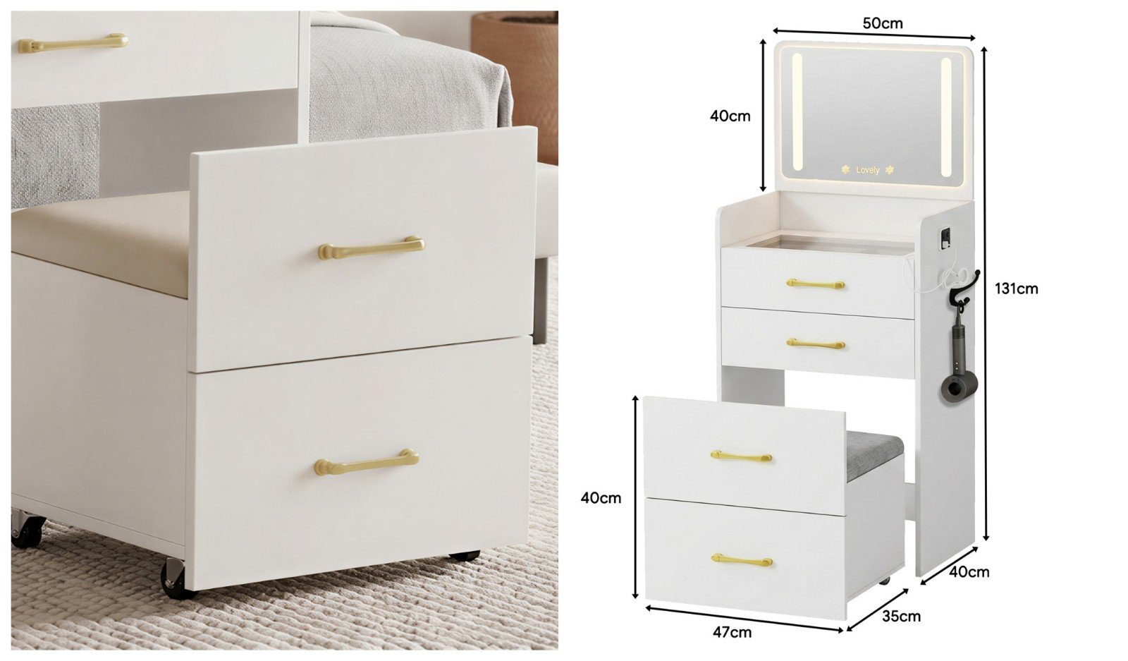 Small 3 in 1 Storage Makeup Vanity Set with Plip Top Mirror - detail & dimensions