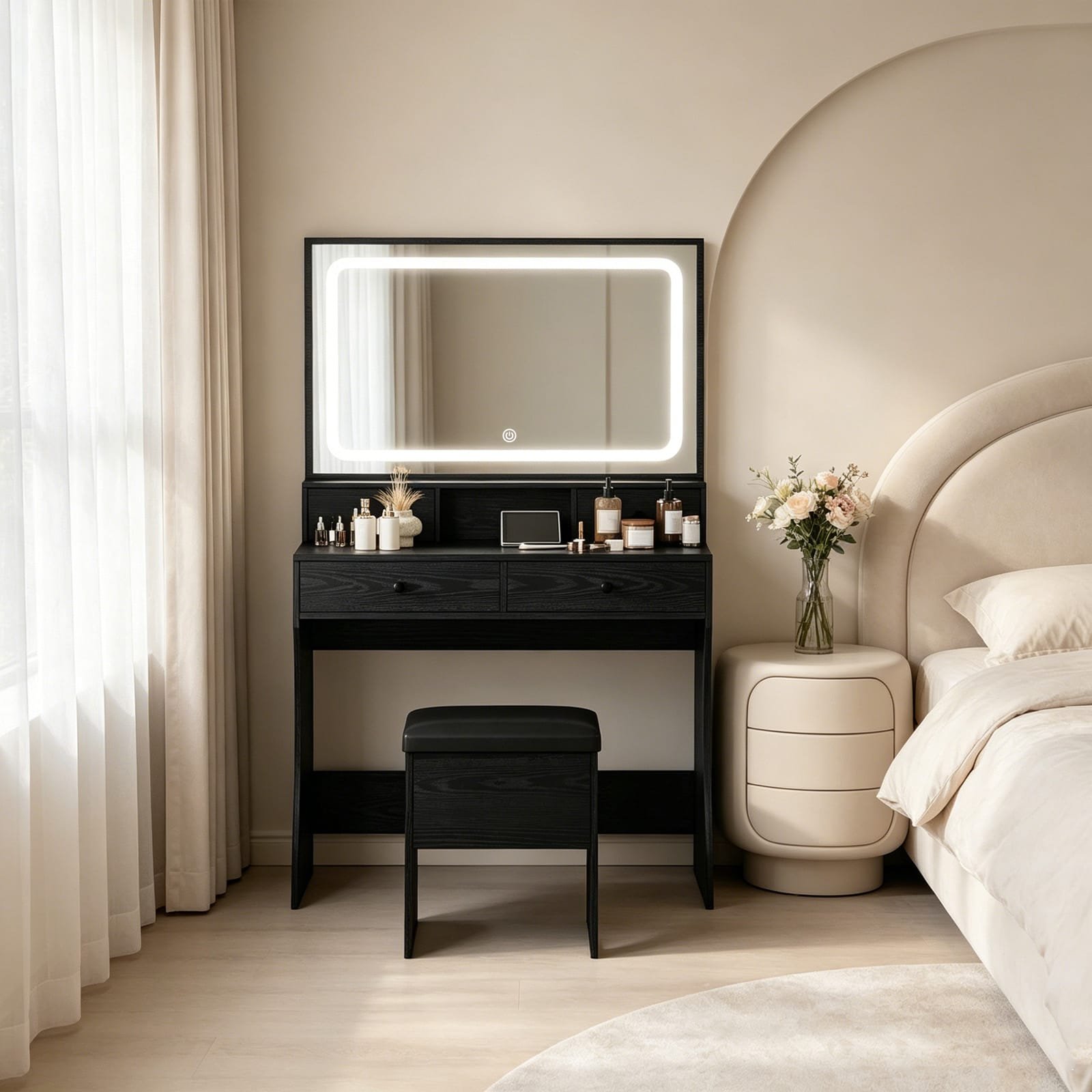 Modern 4 Drawers Vanity Desk Set with Power Outlet, LED Mirror, Storage Stool - front view