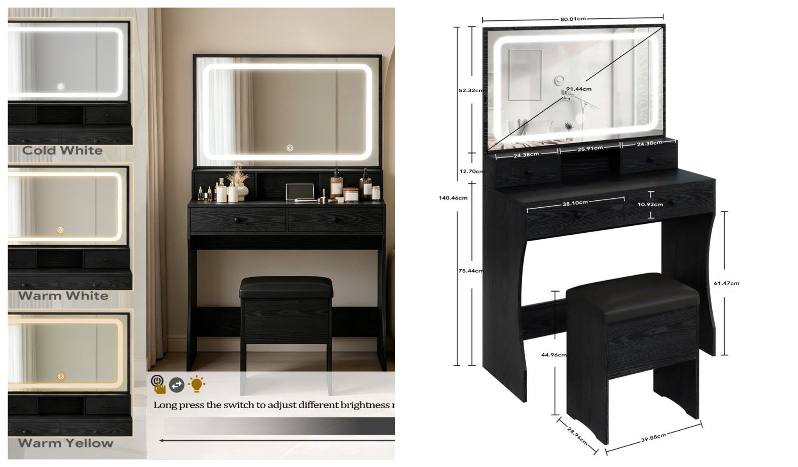 Modern 4 Drawers Vanity Desk Set with Power Outlet, LED Mirror, Storage Stool - detail & dimensions