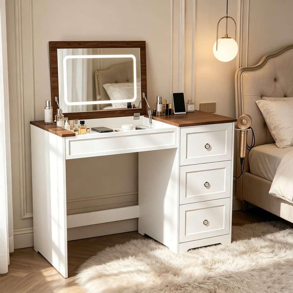 Modern Farmhouse Flip Top Makeup Dressing Table with Mirror and Lights