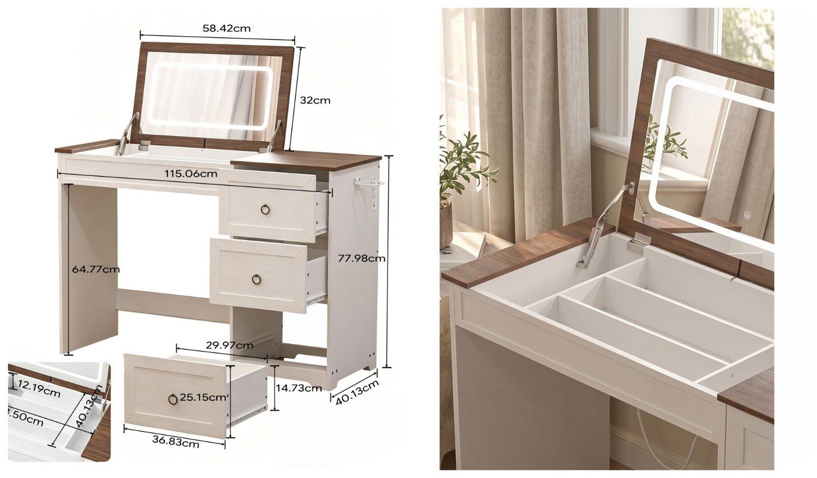 Modern Farmhouse Flip Top Makeup Dressing Table with Mirror and Lights - detail & dimensions