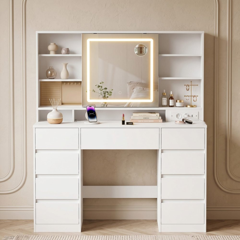 Luxury Multi-Function Dressing Table with LED Mirror,Power Outlets and 9 Drawers