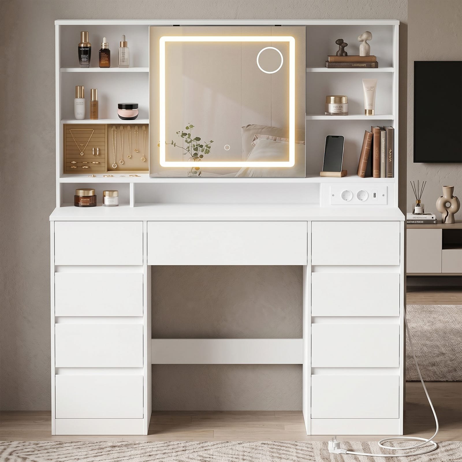 Luxury Multi-Function Dressing Table with LED Mirror,Power Outlets and 9 Drawers in apartment setting - picture 3
