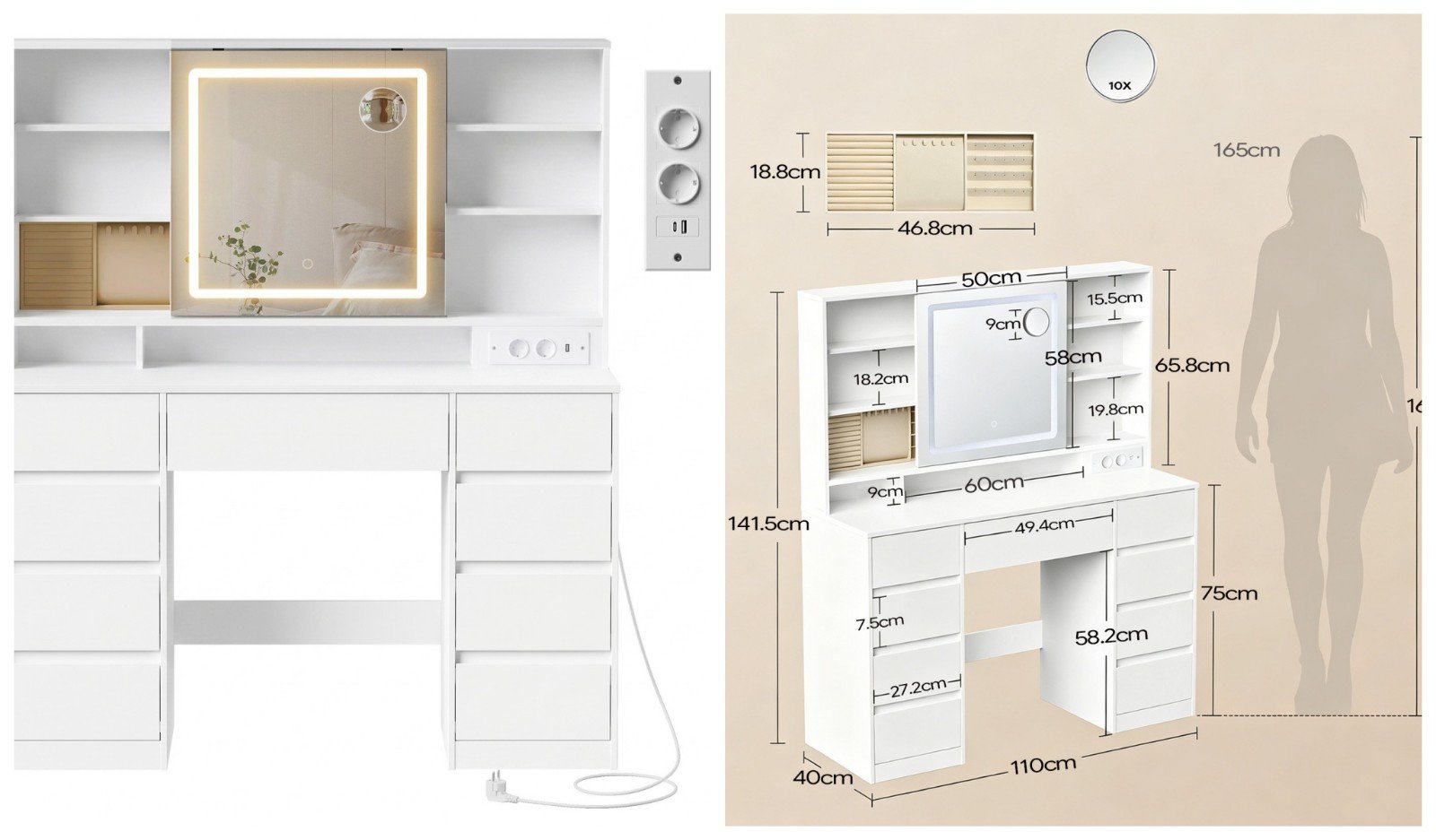 Luxury Multi-Function Dressing Table with LED Mirror,Power Outlets and 9 Drawers - detail & dimensions