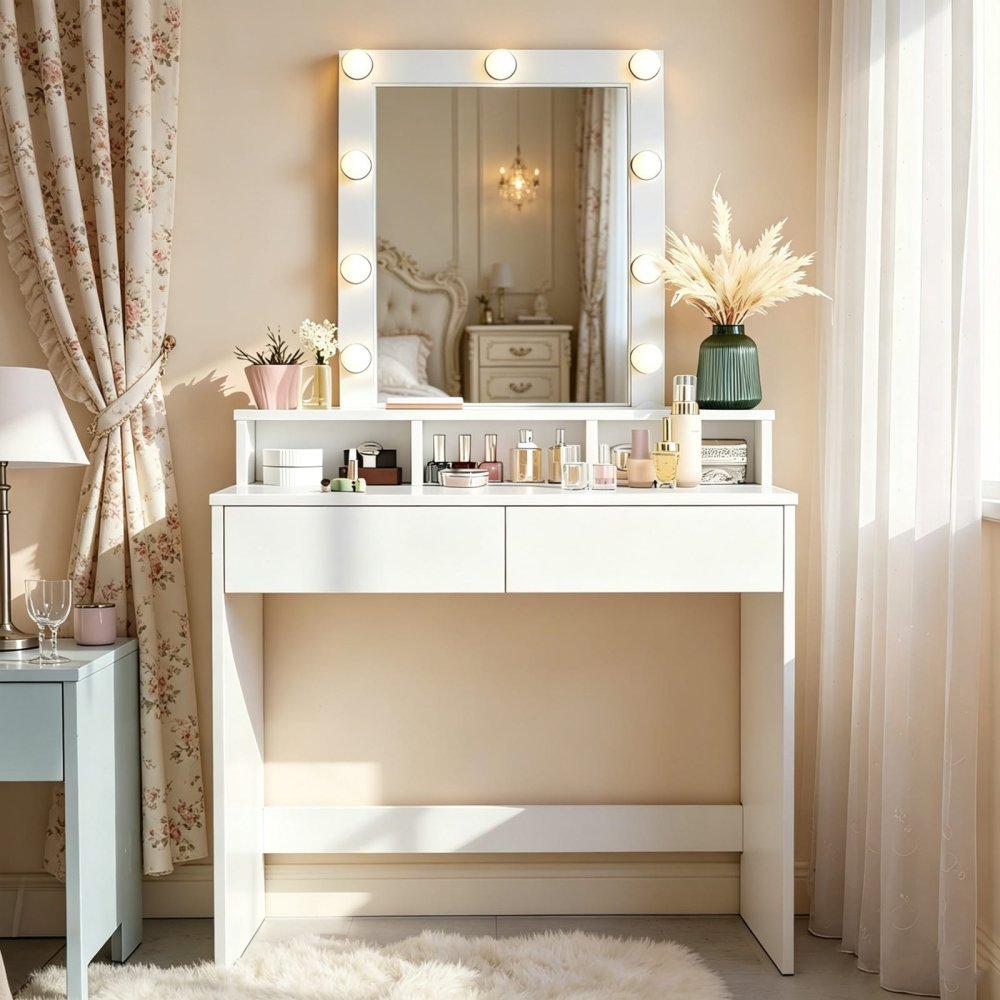 Minimalist LED Mirror Makeup Table with 2 Drawers