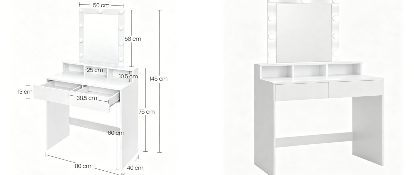 Minimalist LED Mirror Makeup Table with 2 Drawers - detail & dimensions