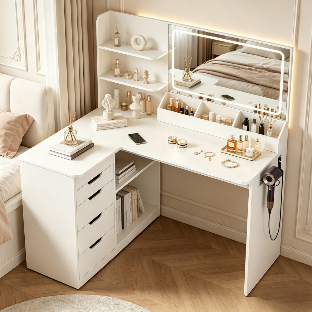 Multi-Storage L Shaped Corner Makeup Vanity Desk with Hairdryer Holder and Power Outlet