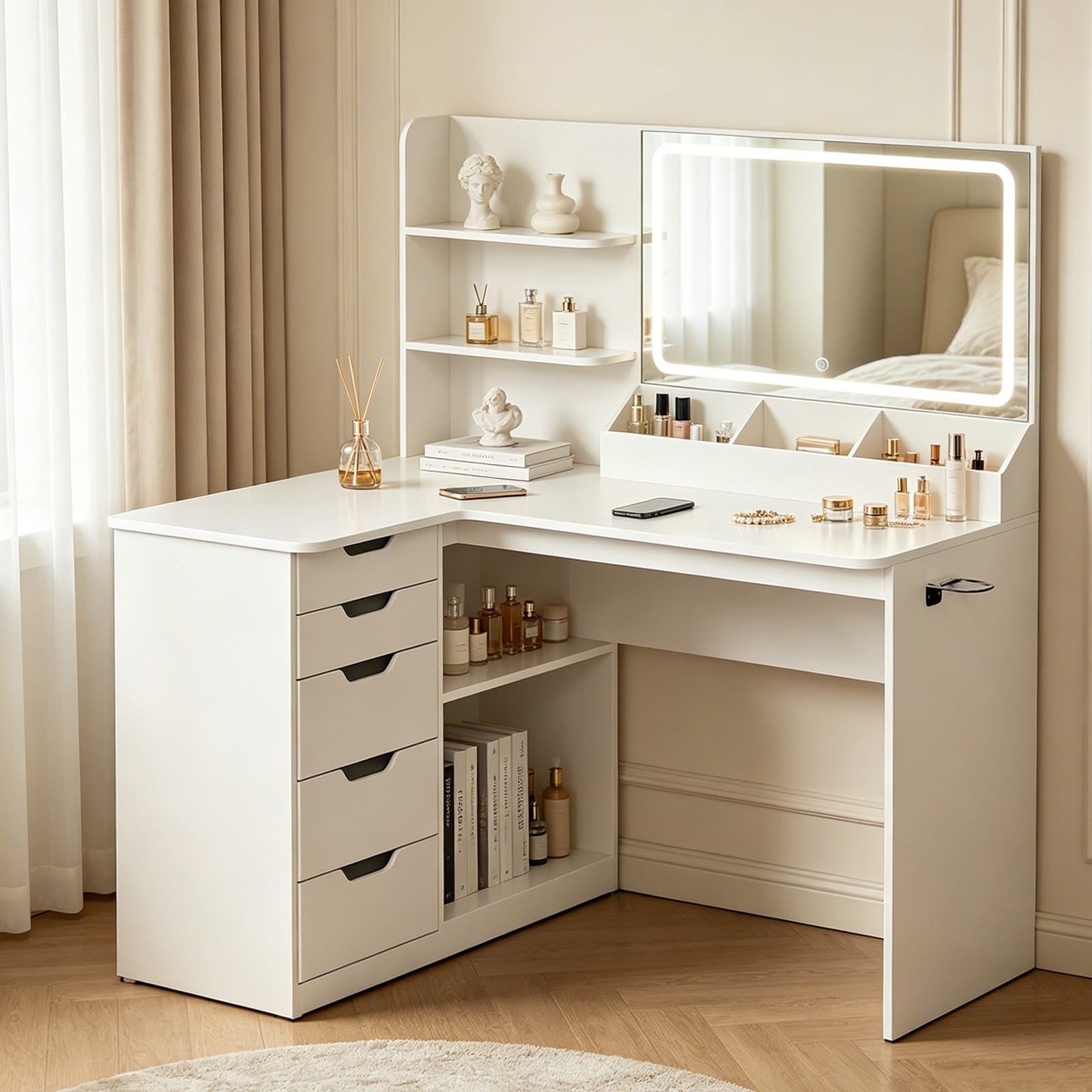 Multi-Storage L Shaped Corner Makeup Vanity Desk with Hairdryer Holder and Power Outlet - picture 3