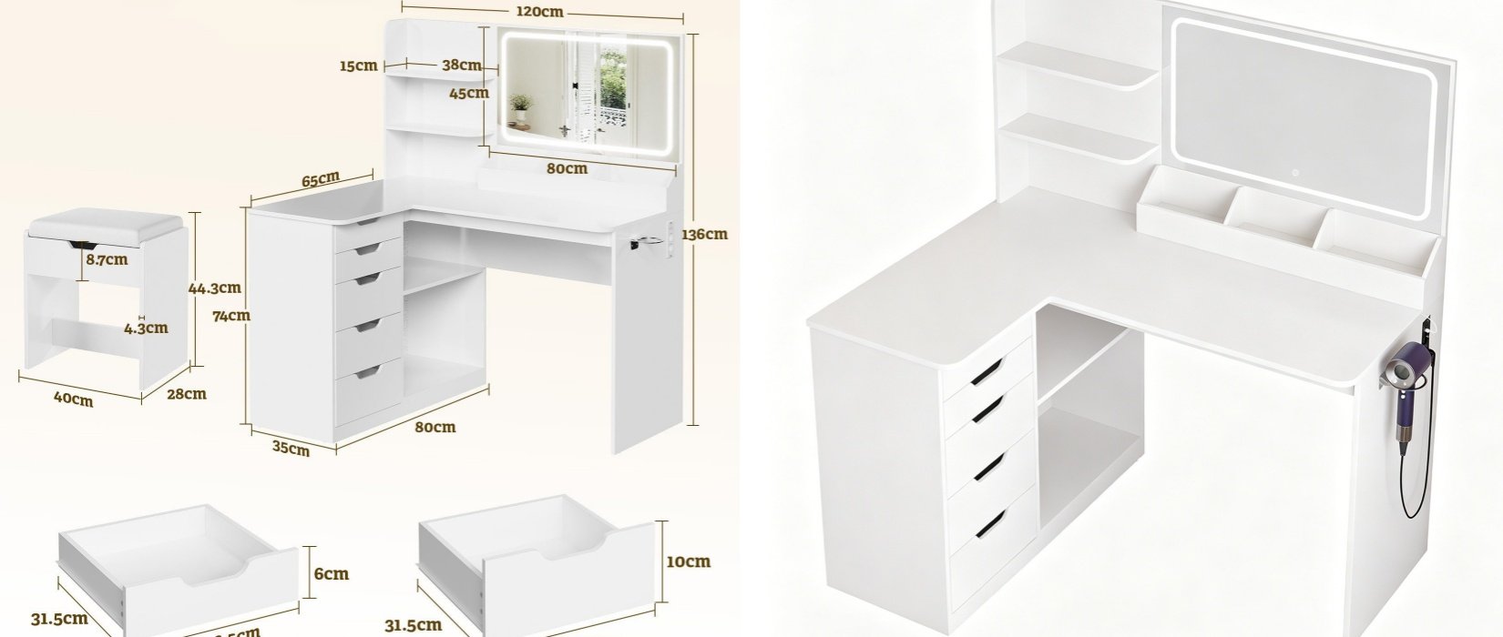 Multi-Storage L Shaped Corner Makeup Vanity Desk with Hairdryer Holder and Power Outlet - detail & dimensions