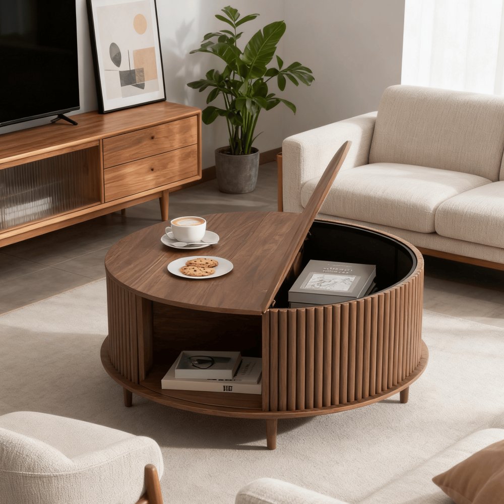 Mid Century Fluted Round Coffee Table With Sliding Cabinet Door