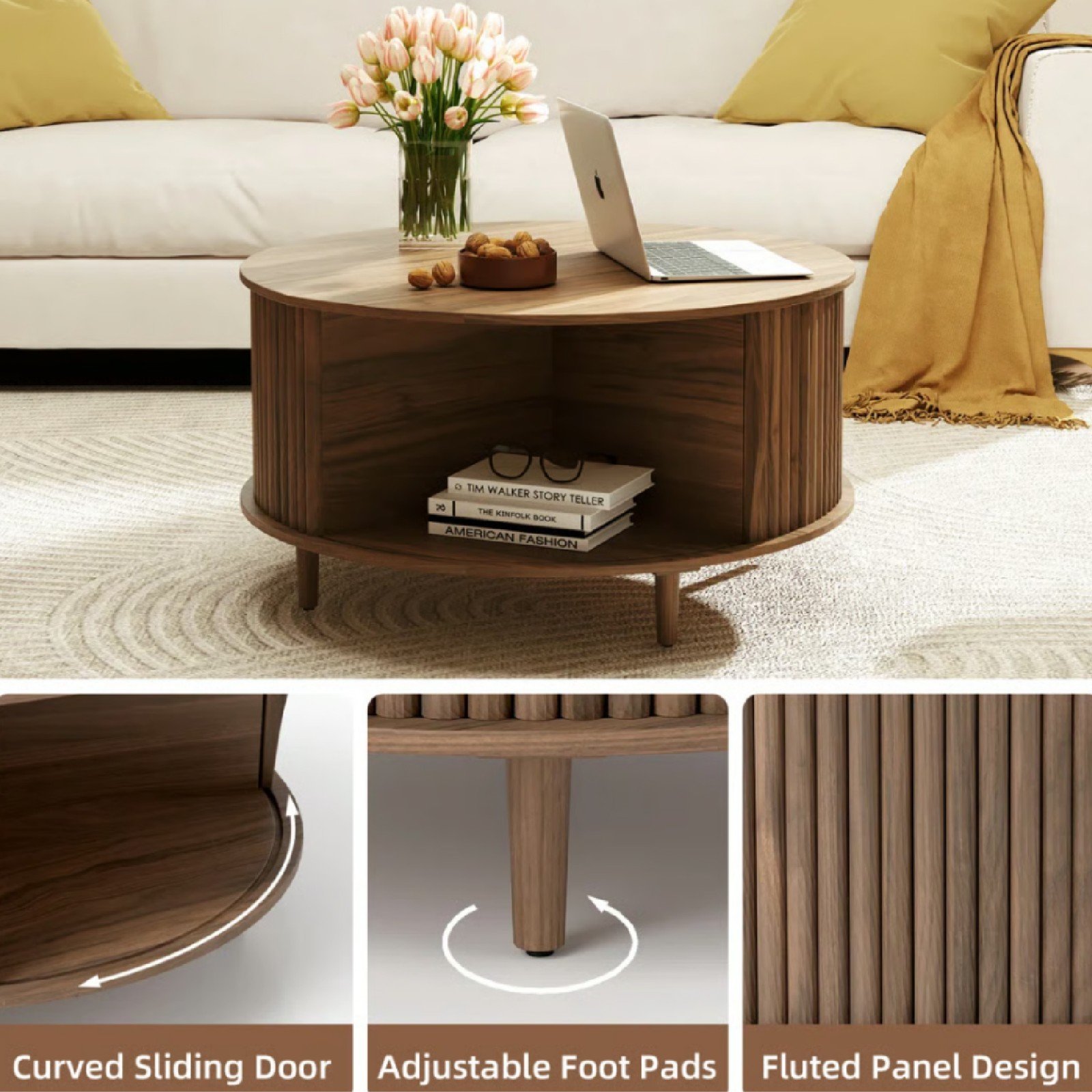 Mid Century Fluted Round Coffee Table With Sliding Cabinet Door - detail 1