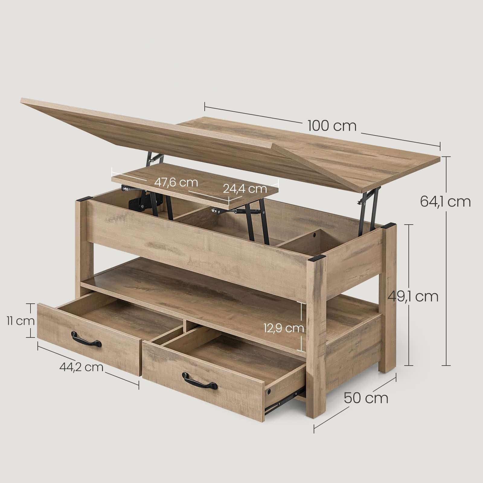 Rustic Lift Top 3 in 1 Center Table with Hidden Compartments - dimensions 1
