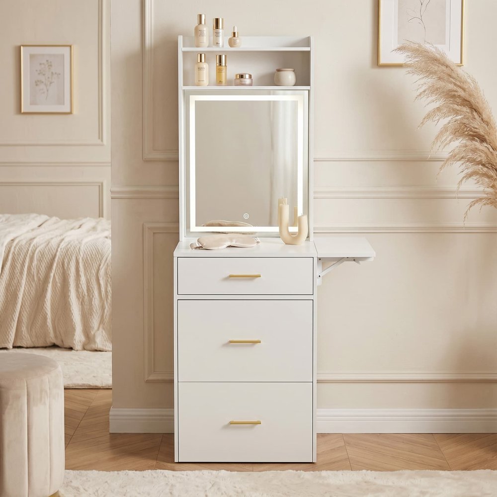 Small Fold-up Panel Vanity Desk Set with Drawers and Storage Stool