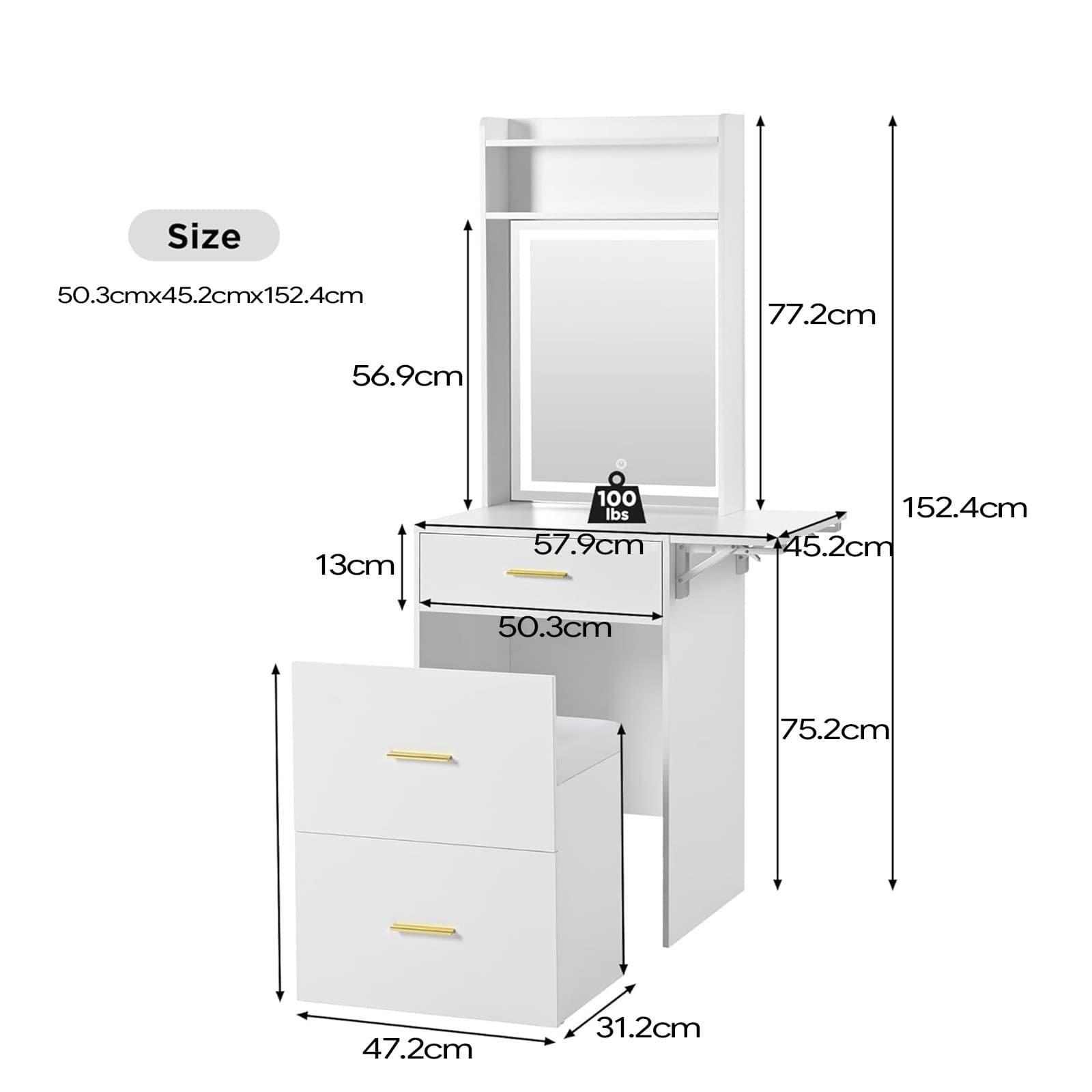 Small Fold-up Panel Vanity Desk Set with Drawers and Storage Stool - dimensions 1