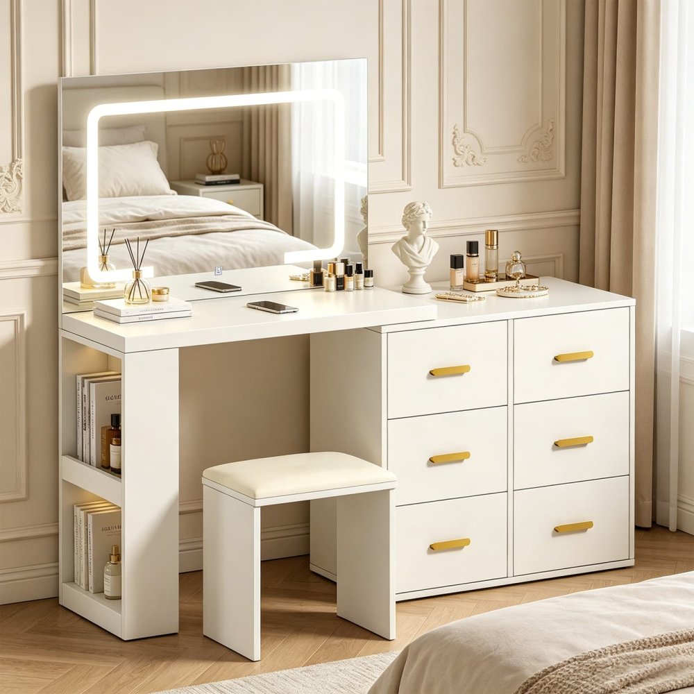 White 3-Color Lights Dressing Table with 6 Drawers and Electrical Sockets