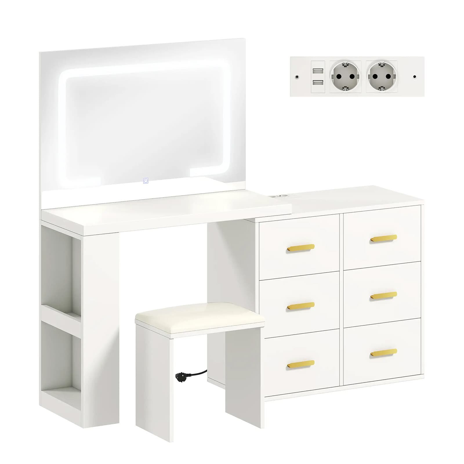 White 3-Color Lights Dressing Table with 6 Drawers and Electrical Sockets - detail 1