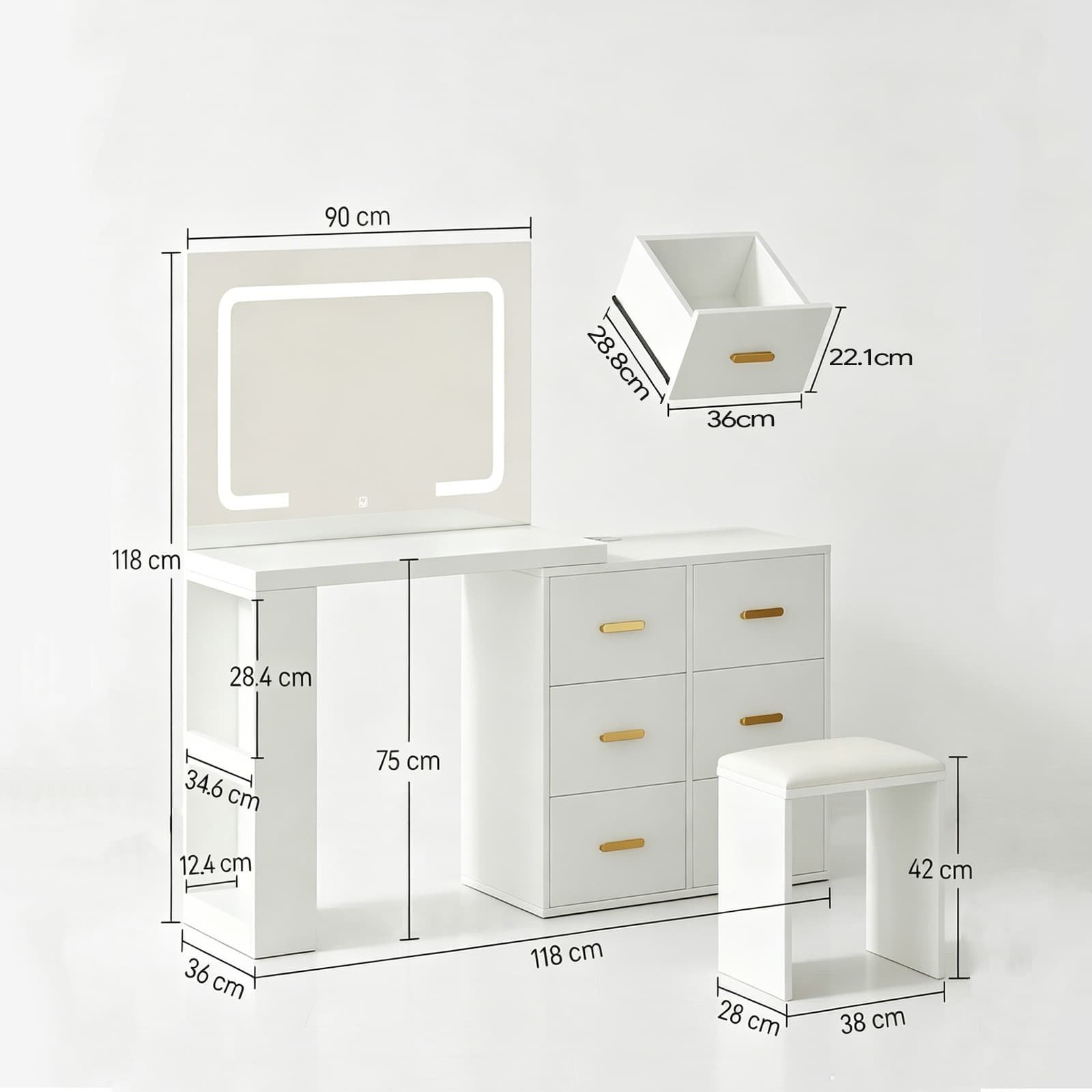 White 3-Color Lights Dressing Table with 6 Drawers and Electrical Sockets - dimensions 1