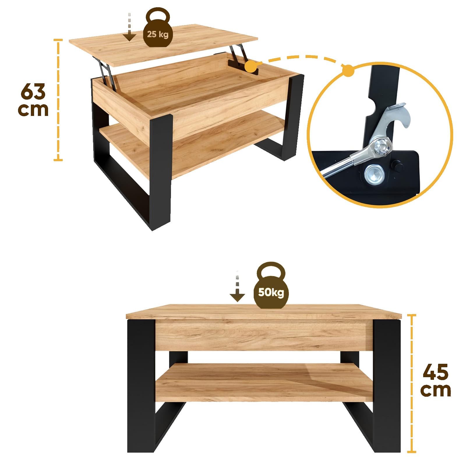 Industrial Gold Black Lift-Top Coffee table with Shelf and Hidden Compartment - detail