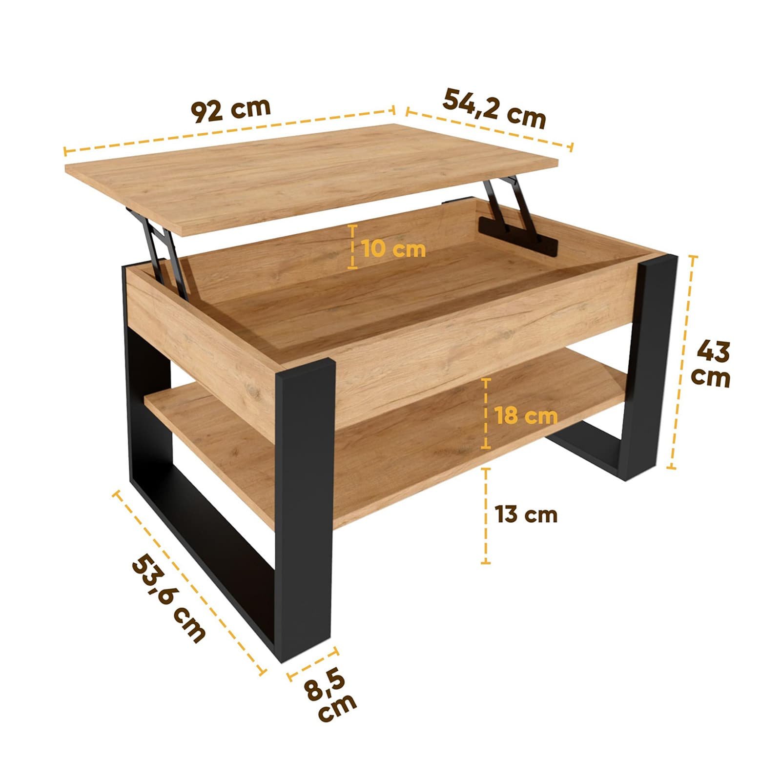 Industrial Gold Black Lift-Top Coffee table with Shelf and Hidden Compartment - dimensions