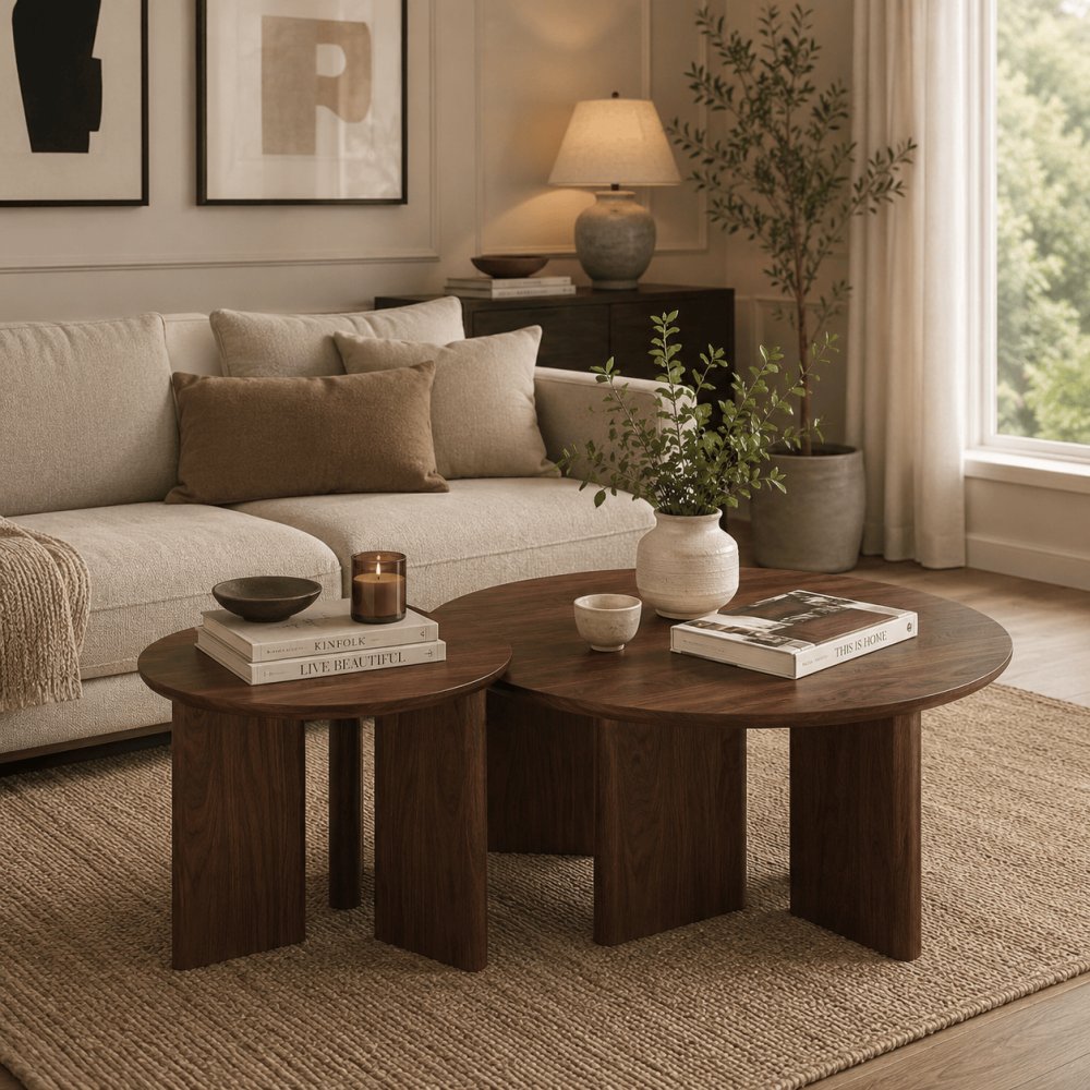 Wood Round Brown Coffee and End Table Set of 2