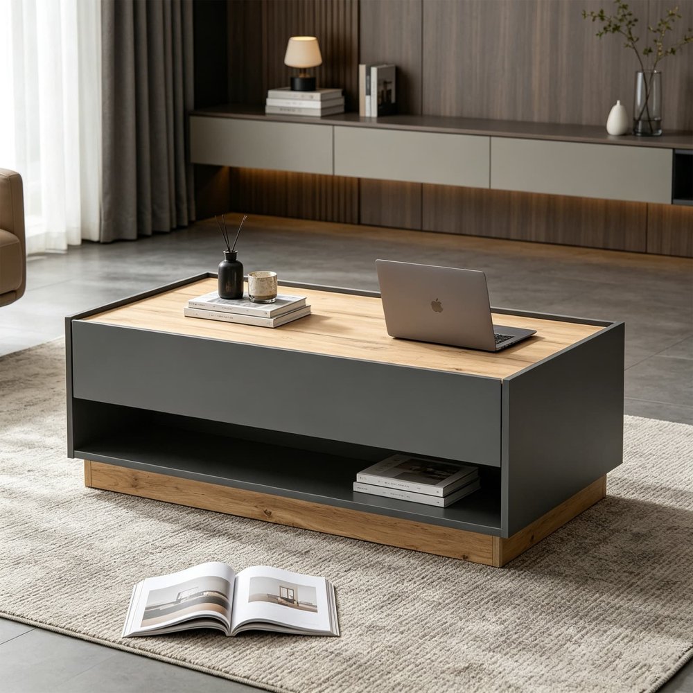 Wood Grey Rectangle Decorative Side Table with Drawer