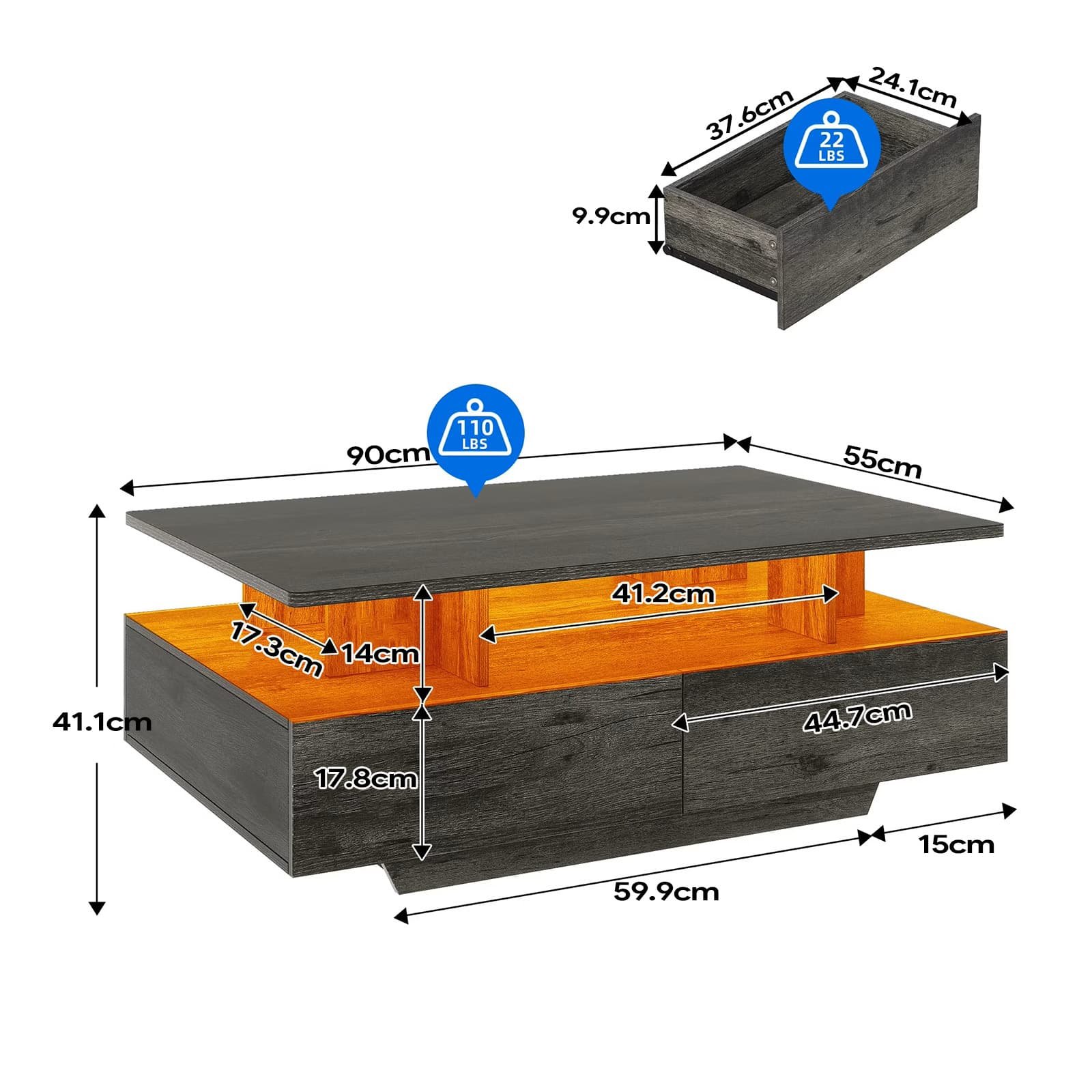 Modern Gray Center Cocktail Table with Led Lights for Living Room - dimensions
