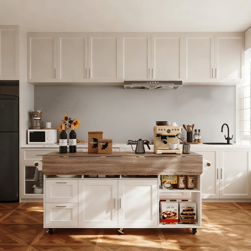 Fenzo Furniture Multi-functional Rolling Kitchen Island with Drop-Leaf Tabletop & Storage Cabinets