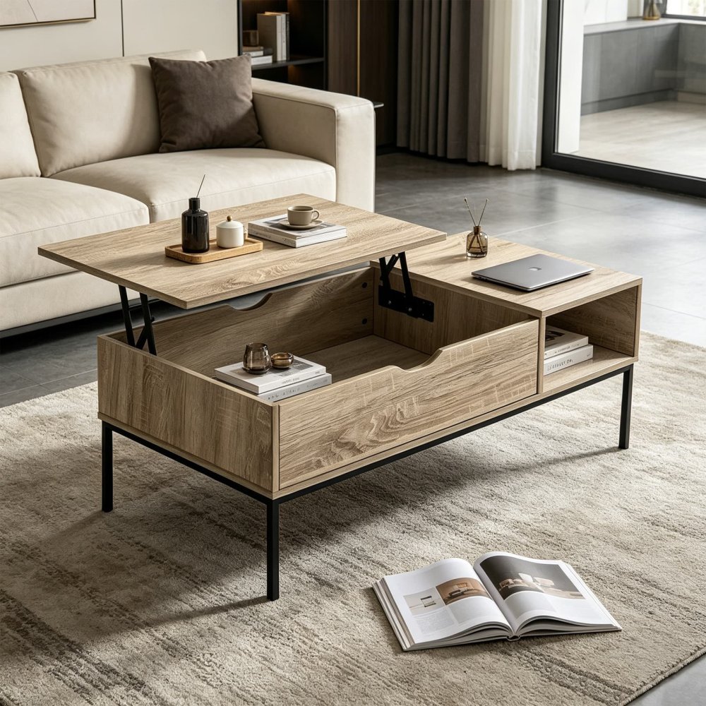 Rectangular Height Adjustable Pop Up Coffee Table with Black Metal Base