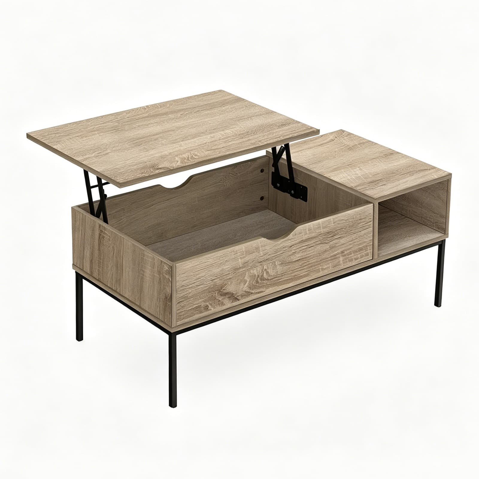 Rectangular Height Adjustable Pop Up Coffee Table with Black Metal Base - detail
