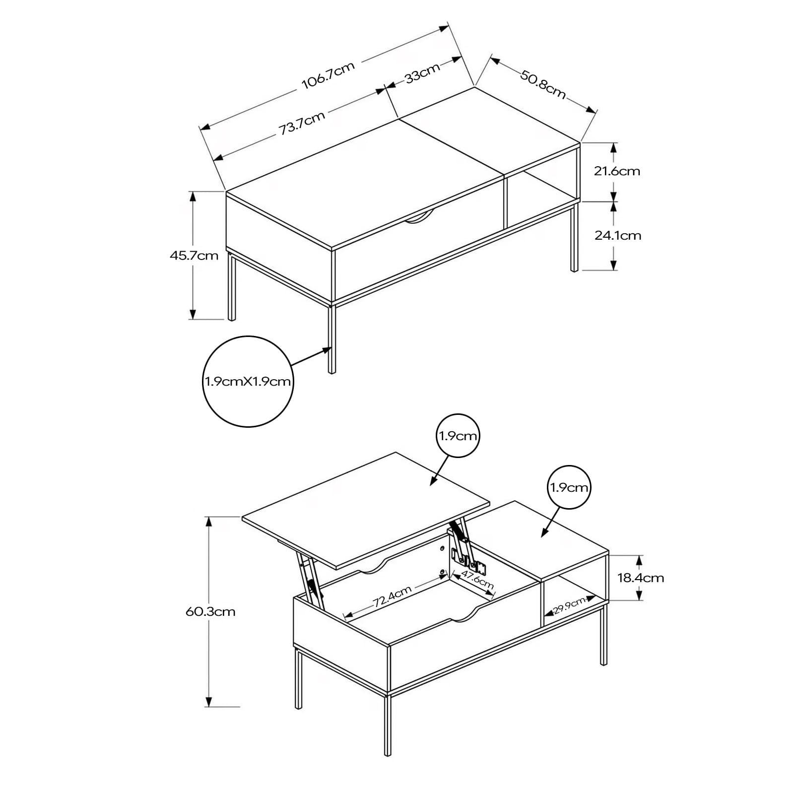 Rectangular Height Adjustable Pop Up Coffee Table with Black Metal Base - dimensions