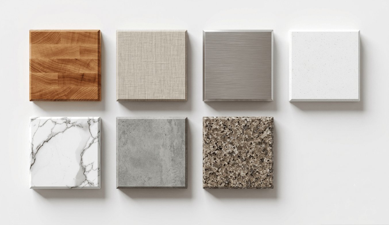Side-by-side display of kitchen carts with 7 different countertop materials