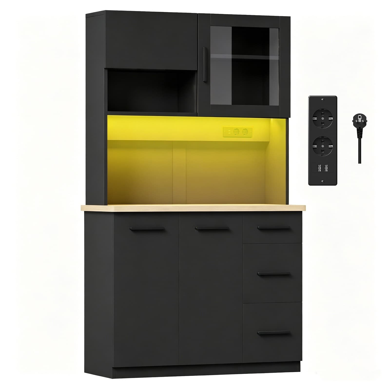 Black LED Kitchen Pantry Cabinet with Hutch, Drawer & Outlets - detail